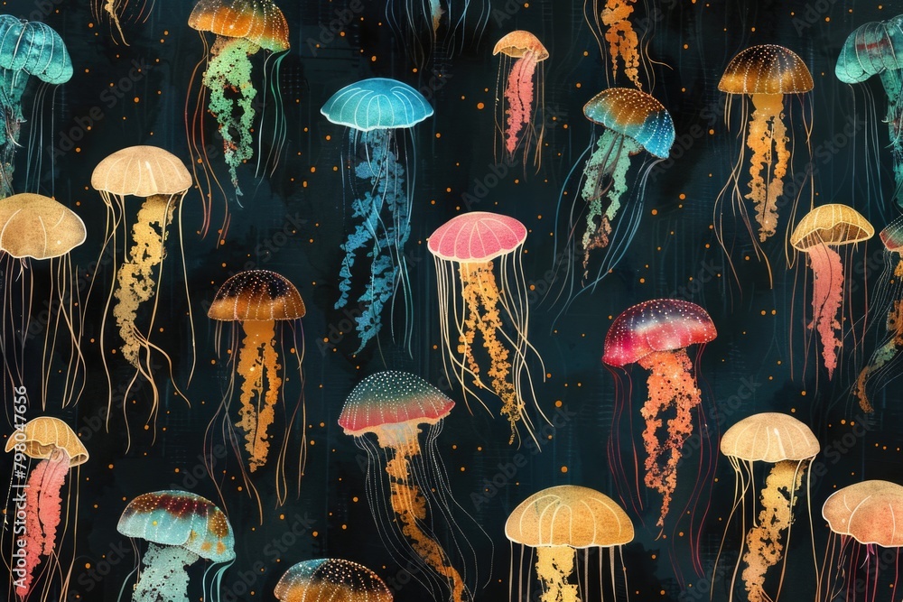 Poster group of jellyfish floating in the ocean, suitable for marine life concepts