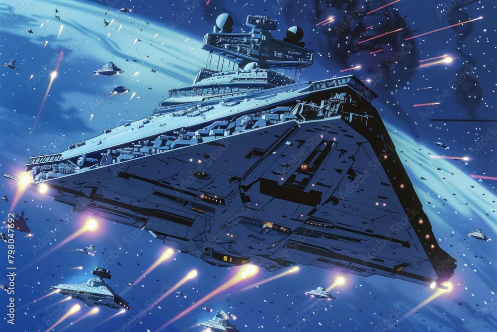 Poster a large star destroyer flying through a space filled with stars. suitable for sci-fi themed projects