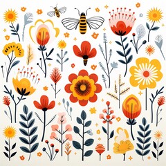 Flat design, summer flowers and bees, seamless pattern, simple strokes, white backdrop, bright illustrative style ,  simple lines drawing