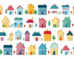 Cute house drawings in childlike style, repeating white background, flat simple line vector illustration ,  seamless pattern drawing - obrazy, fototapety, plakaty