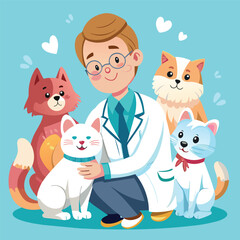 a man with a lab coat and two cats with a lab coat on.