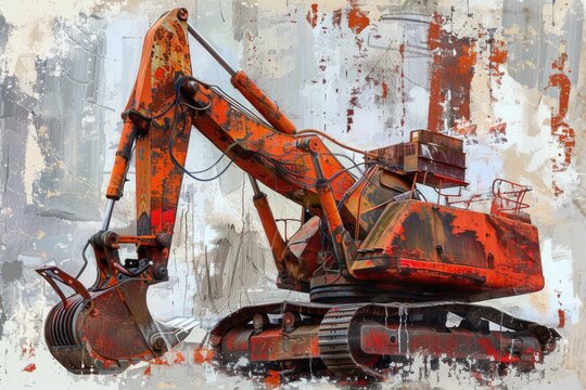 Detailed painting of a rusted orange excavator, suitable for construction industry publications