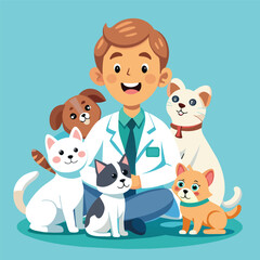 a man with a lab coat and two cats with a lab coat on.