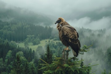 A Vulture perched stoically atop a tall pine, overlooking a serene mountain landscape - obrazy, fototapety, plakaty