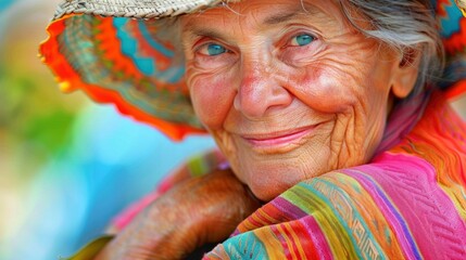 Celebrate the beauty of aging with a portrait of a stylish elder adorned in colorful and expressive clothing, radiating grace