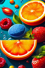 fruit and vegetables, vitamin tablets vs vitamin source fruit background, abstract illustration wallpaper