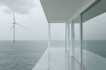 Minimalist wind turbines generating power in the ocean, depicting a wind power station.

