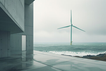 Minimalist wind turbines generating power in the ocean, depicting a wind power station.

