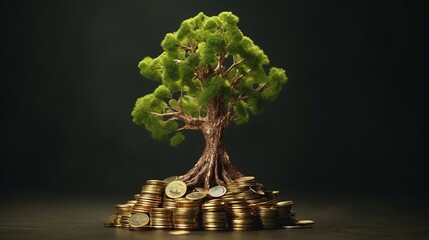 Money tree growing from pile of coins, business and finance concept.
