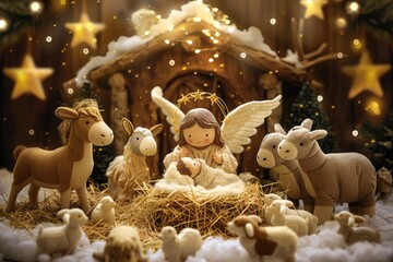 Fototapeta premium A peaceful nativity scene with angels, sheeps, and a shining star. Ideal for Christmas designs and religious illustrations