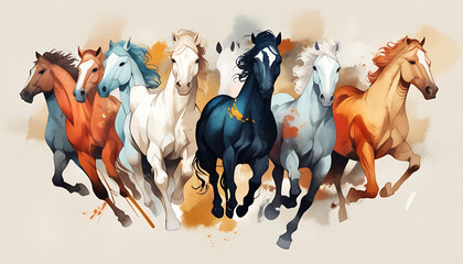 Abstract image of seven horses, paint spots and strokes. detailed Large strokes, mural, art style, vastu art, oil painting style, paint