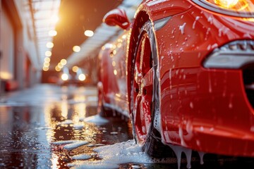 Close-up professional car wash with shampoo foam and splashes of water, auto detailing service - obrazy, fototapety, plakaty