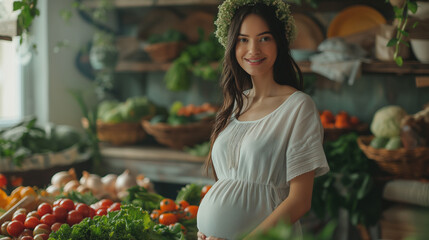 Beautiful pregnant woman standing near table with fresh vegetables. - obrazy, fototapety, plakaty