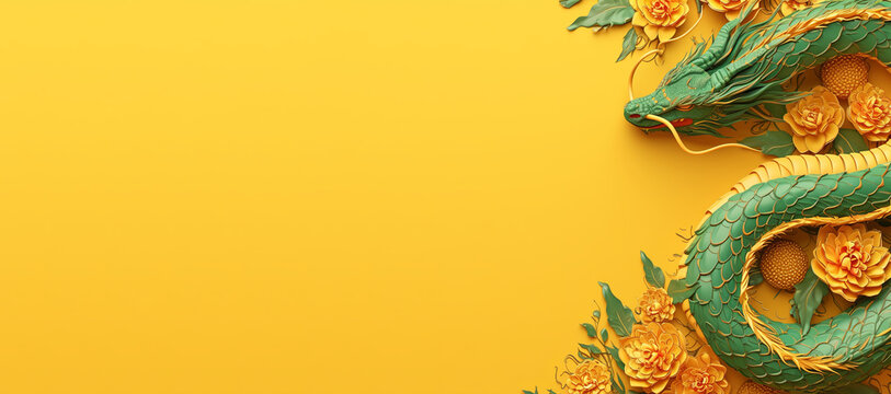 An intricate green dragon weaves through golden flowers on a yellow backdrop, a celebration of Chinese art and symbolism of luck. Banner with space for text.