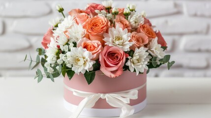 A stunning bouquet featuring roses and chrysanthemums accompanied by a charming pink gift box elegantly displayed against a pristine white table backdrop This delightful arrangement is the 