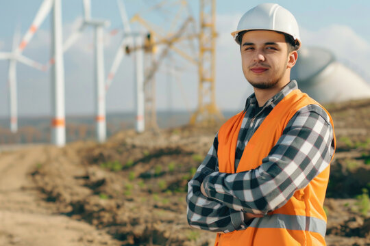 Young male engineer planning and working for the energy industry and standing beside a wind turbines farm power station