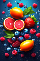 fruit in water splash, vitamin tablets vs vitamin source fruit background, abstract illustration wallpaper