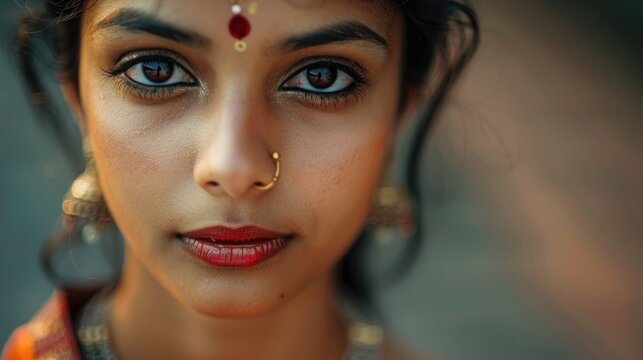 A close-up image of a woman with a nose ring. Suitable for fashion or beauty concepts