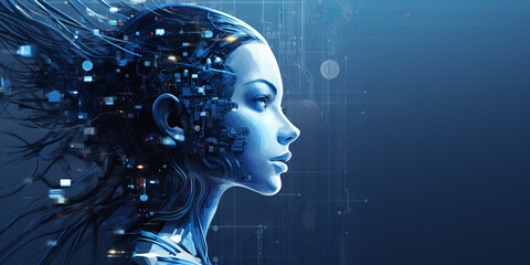 Woman cyborg creative portrait in blue tones. AI future concept
