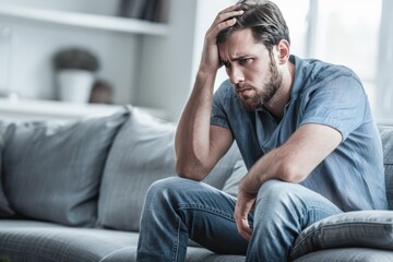 Pensive man pondering on comfortable sofa, grappling with relationship challenges