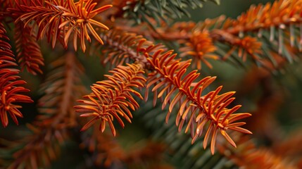 Closeup of vibrant red spruce branches with brown, dead foliage. The focus is on the intricate patterns and textures in each leaf