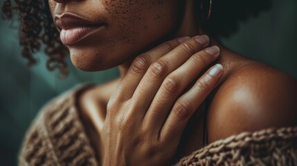 Closeup portrait of beautiful african american woman touching her neck