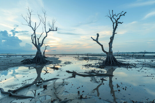 Dead mangrove trees due to increased soil and seawater pollution in a coastal area.

