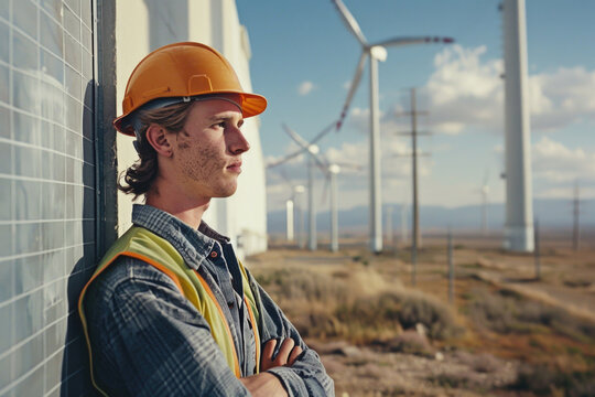 Young male engineer planning and working for the energy industry and standing beside a wind turbines farm power station