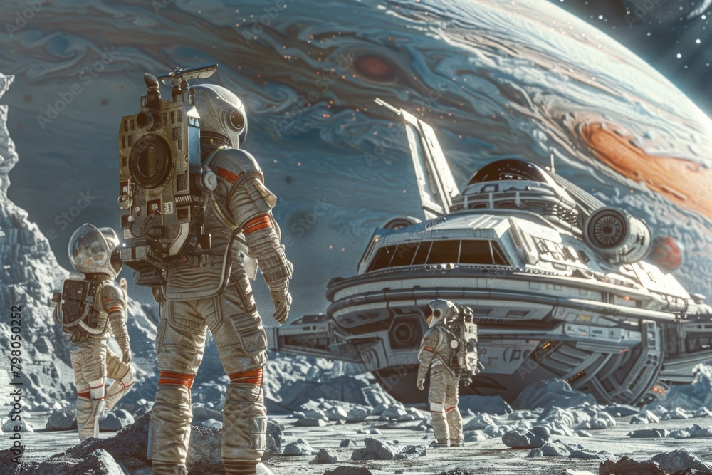 Poster a group of people in space suits walking on the moon. suitable for scientific and futuristic project