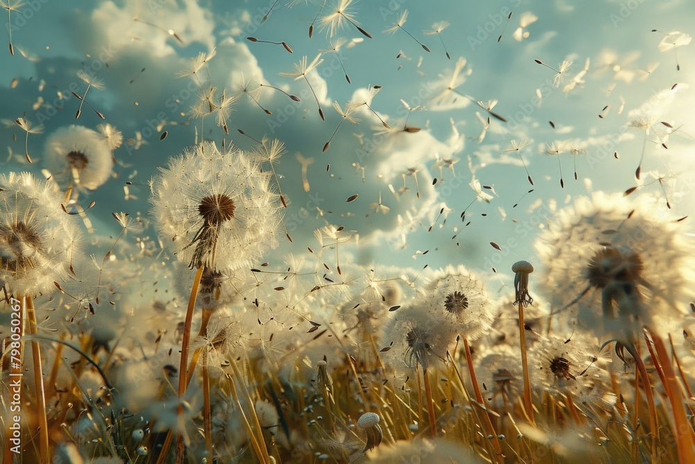 Poster A bunch of dandelions blowing in the wind. Suitable for nature and springtime concepts
