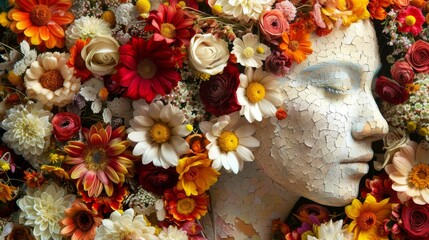Sculpture of the head of a woman with a lot of flowers