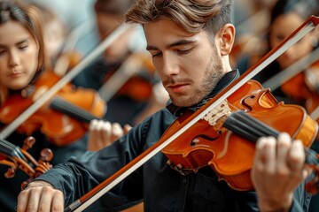 Professional symphonic orchestra performing classical concert with professional musicians on stage - obrazy, fototapety, plakaty