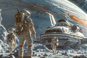 A group of people in space suits walking on the moon. Suitable for scientific and futuristic projects