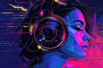 A woman wearing headphones in front of a vibrant neon background. Ideal for music or nightlife concepts