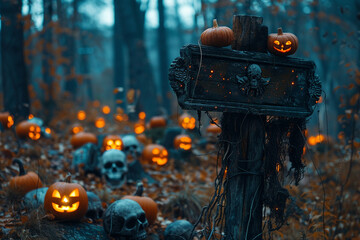 Halloween Card in the Forest with a Wooden Signboard - Nighttime Graveyard with Skeletons and...