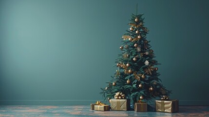 Fototapeta premium Beautiful christmas tree with golden baubles and presents on light blue background