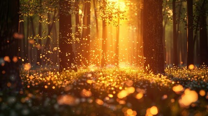 Create an enchanting forest glade bathed in the soft light of a setting sun