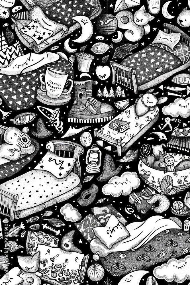 Poster Black and white drawing of different objects. Suitable for graphic design projects