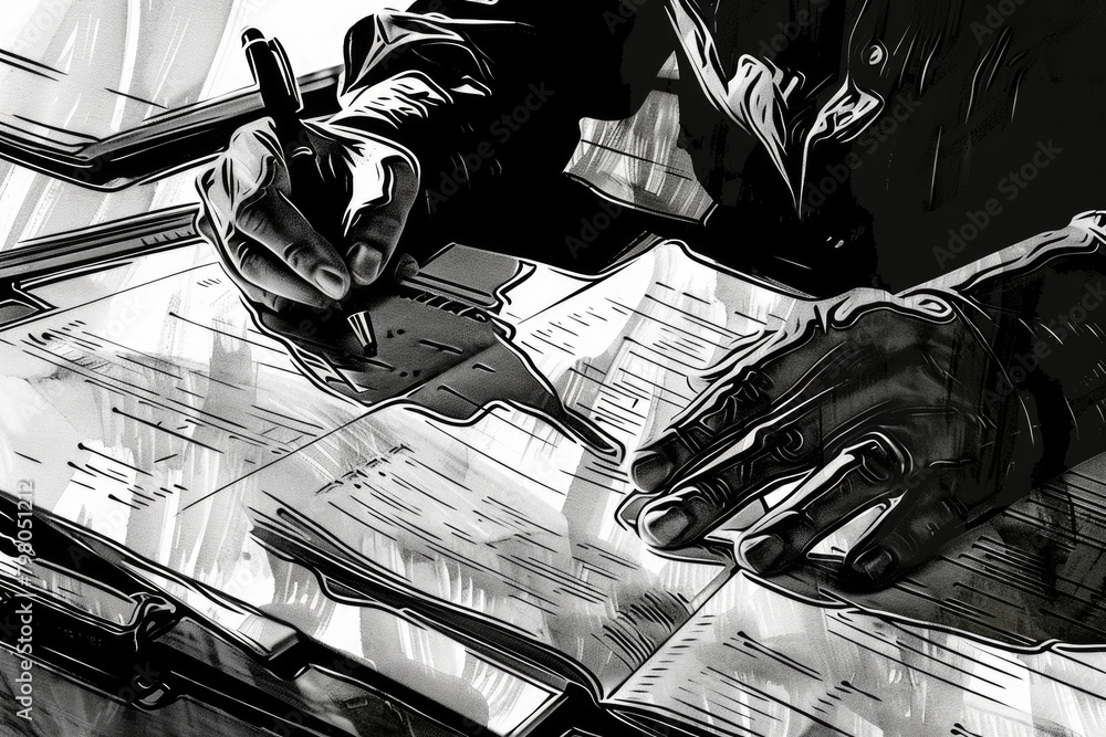 Aufkleber A person sitting at a table writing on a piece of paper. Ideal for educational and office concepts