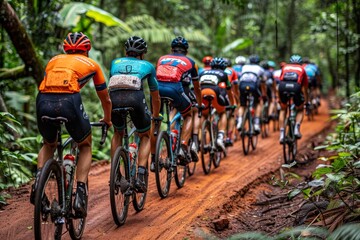 Fototapeta premium Cyclists enjoying a scenic ride together on a charming dirt path in the countryside