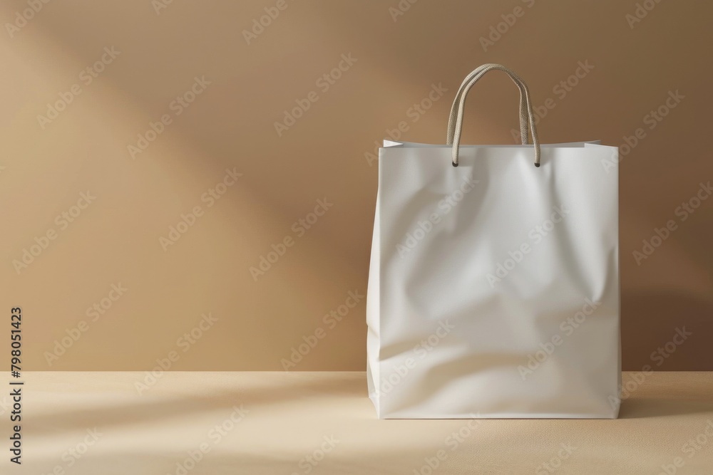 Poster A white shopping bag placed on a table. Suitable for retail and shopping concepts