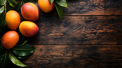 Mango. Tropical Fruits. On a wooden background. Top view. Copy space. - obrazy, fototapety, plakaty