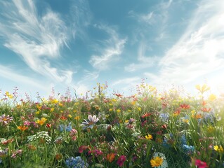 Serene Meadow Filled with Vibrant Wildflowers and a Backdrop of Wispy Clouds in Bright Sunny Light