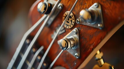 A close up of a guitar neck with the headstock and tuning pegs visible