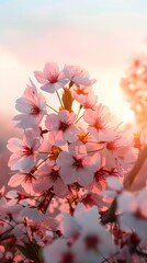 Blossoming Cherry Tree Against Pastel Sunset Sky with Vibrant Pink Flowers in Warm Sunny Light
