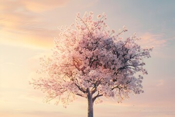 Blossoming Cherry Tree Against Pastel Sunset Sky in Serene Outdoor Scene