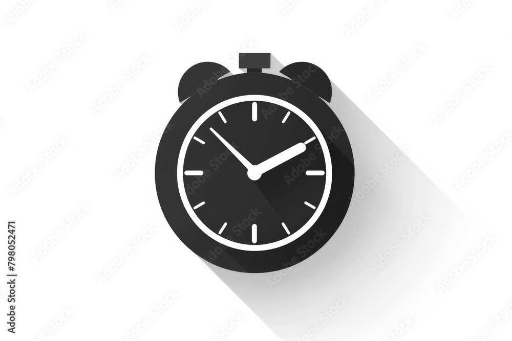 Poster A black alarm clock with a long shadow on a white background. Suitable for time management concepts