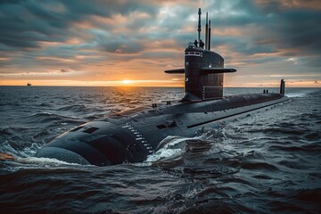 Military nuclear submarine underwater vessel in ocean depth exploration and surveillance