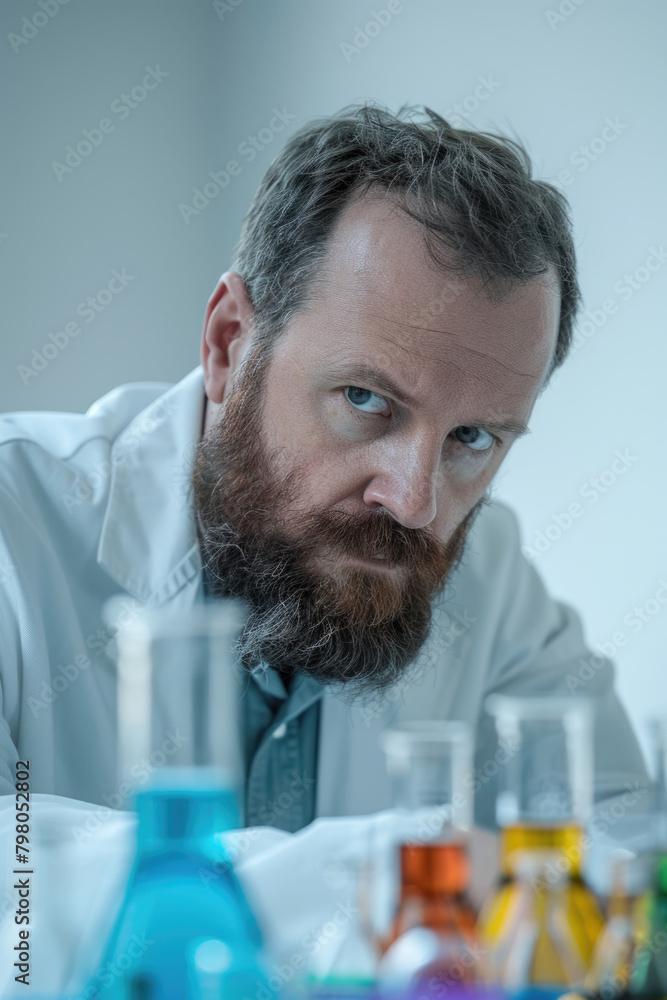 Poster a man with a beard examines a variety of flasks laid out on a table in a laboratory setting