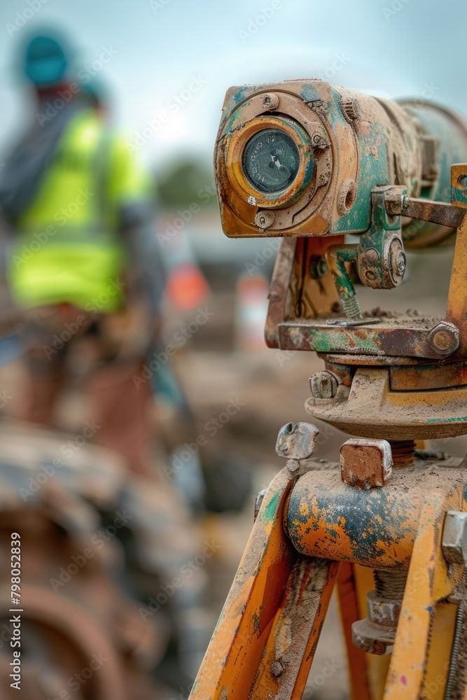 Poster A construction worker working with a camera on a tripod. Suitable for construction and photography concepts